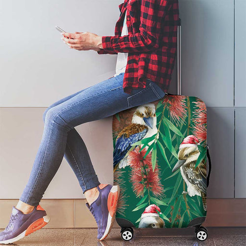 Australia Christmas Luggage Cover Kookaburra Santa on Callistemon - Forest Green
