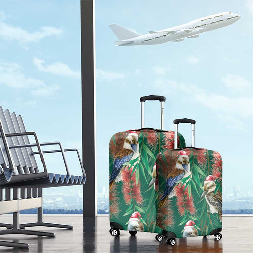 Australia Christmas Luggage Cover Kookaburra Santa on Callistemon - Forest Green