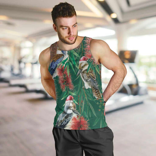 Australia Christmas Men Tank Top Kookaburra Santa on Callistemon - Forest Green