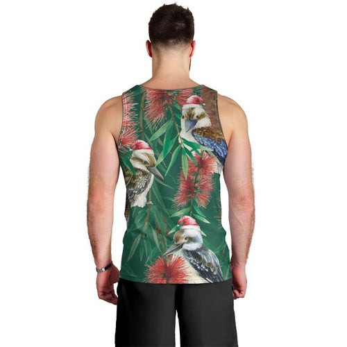 Australia Christmas Men Tank Top Kookaburra Santa on Callistemon - Forest Green