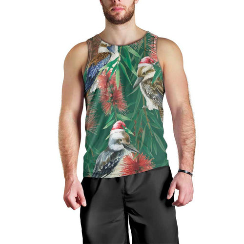 Australia Christmas Men Tank Top Kookaburra Santa on Callistemon - Forest Green