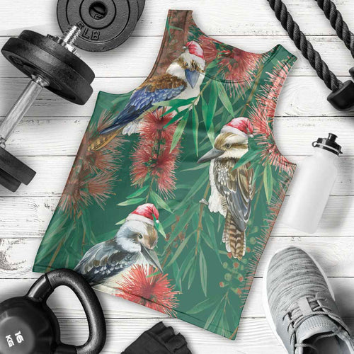 Australia Christmas Men Tank Top Kookaburra Santa on Callistemon - Forest Green