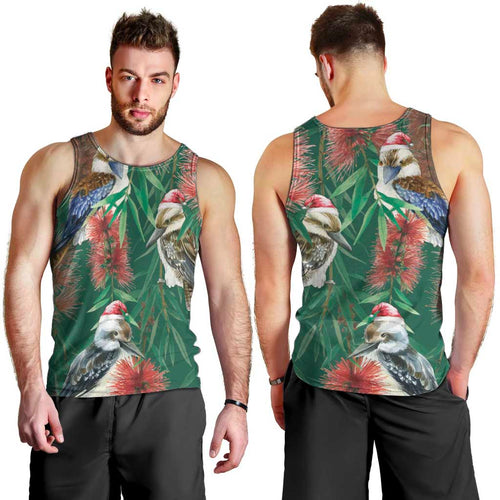 Australia Christmas Men Tank Top Kookaburra Santa on Callistemon - Forest Green