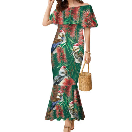 Australia Christmas Mermaid Dress Kookaburra Santa on Callistemon - Forest Green