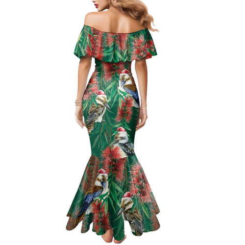 Australia Christmas Mermaid Dress Kookaburra Santa on Callistemon - Forest Green