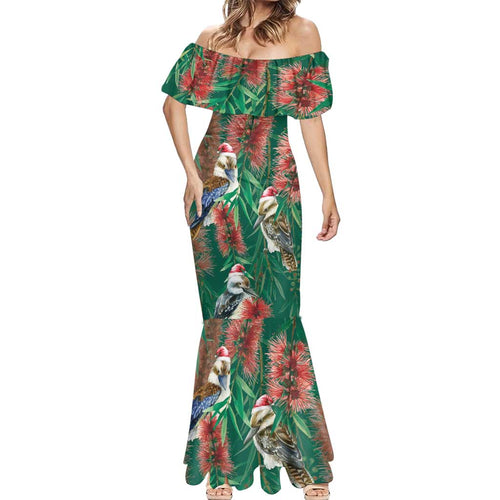 Australia Christmas Mermaid Dress Kookaburra Santa on Callistemon - Forest Green