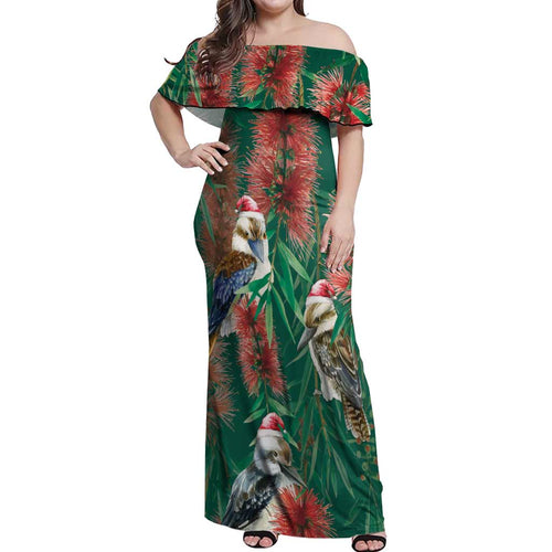 Australia Christmas Off Shoulder Maxi Dress Kookaburra Santa on Callistemon - Forest Green