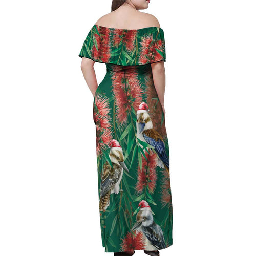 Australia Christmas Off Shoulder Maxi Dress Kookaburra Santa on Callistemon - Forest Green