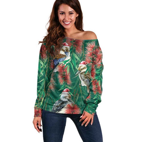 Australia Christmas Off Shoulder Sweater Kookaburra Santa on Callistemon - Forest Green