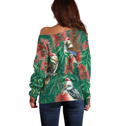 Australia Christmas Off Shoulder Sweater Kookaburra Santa on Callistemon - Forest Green
