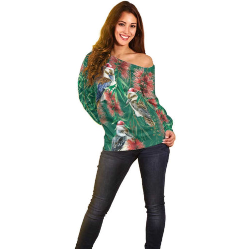 Australia Christmas Off Shoulder Sweater Kookaburra Santa on Callistemon - Forest Green