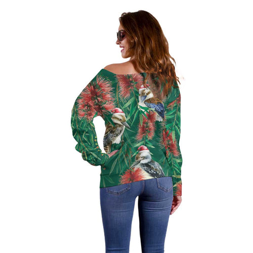Australia Christmas Off Shoulder Sweater Kookaburra Santa on Callistemon - Forest Green