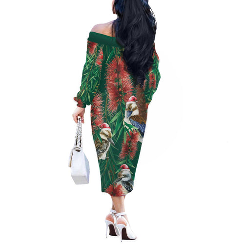 Australia Christmas Off The Shoulder Long Sleeve Dress Kookaburra Santa on Callistemon - Forest Green