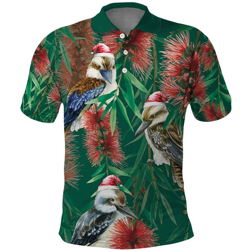 Australia Christmas Polo Shirt Kookaburra Santa on Callistemon - Forest Green