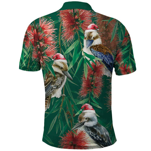Australia Christmas Polo Shirt Kookaburra Santa on Callistemon - Forest Green