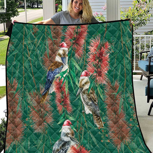 Australia Christmas Quilt Kookaburra Santa on Callistemon - Forest Green