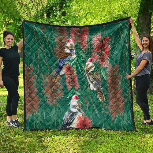 Australia Christmas Quilt Kookaburra Santa on Callistemon - Forest Green