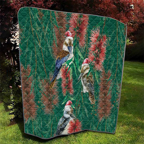 Australia Christmas Quilt Kookaburra Santa on Callistemon - Forest Green