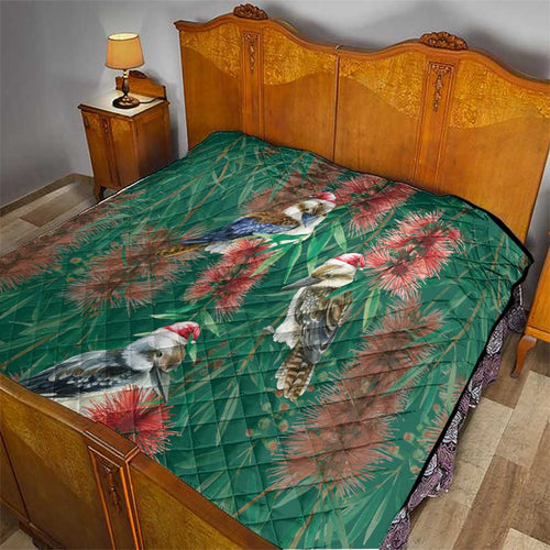 Australia Christmas Quilt Kookaburra Santa on Callistemon - Forest Green