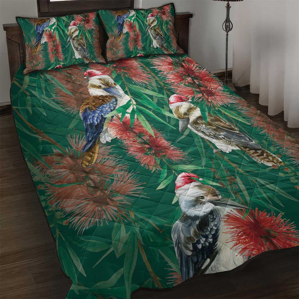 Australia Christmas Quilt Bed Set Kookaburra Santa on Callistemon - Forest Green