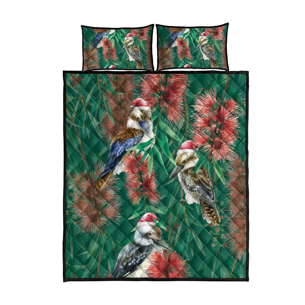 Australia Christmas Quilt Bed Set Kookaburra Santa on Callistemon - Forest Green