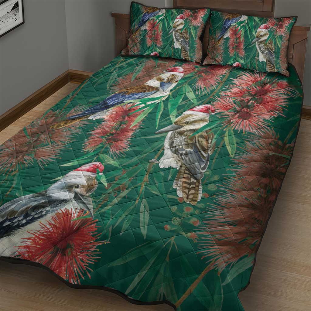 Australia Christmas Quilt Bed Set Kookaburra Santa on Callistemon - Forest Green
