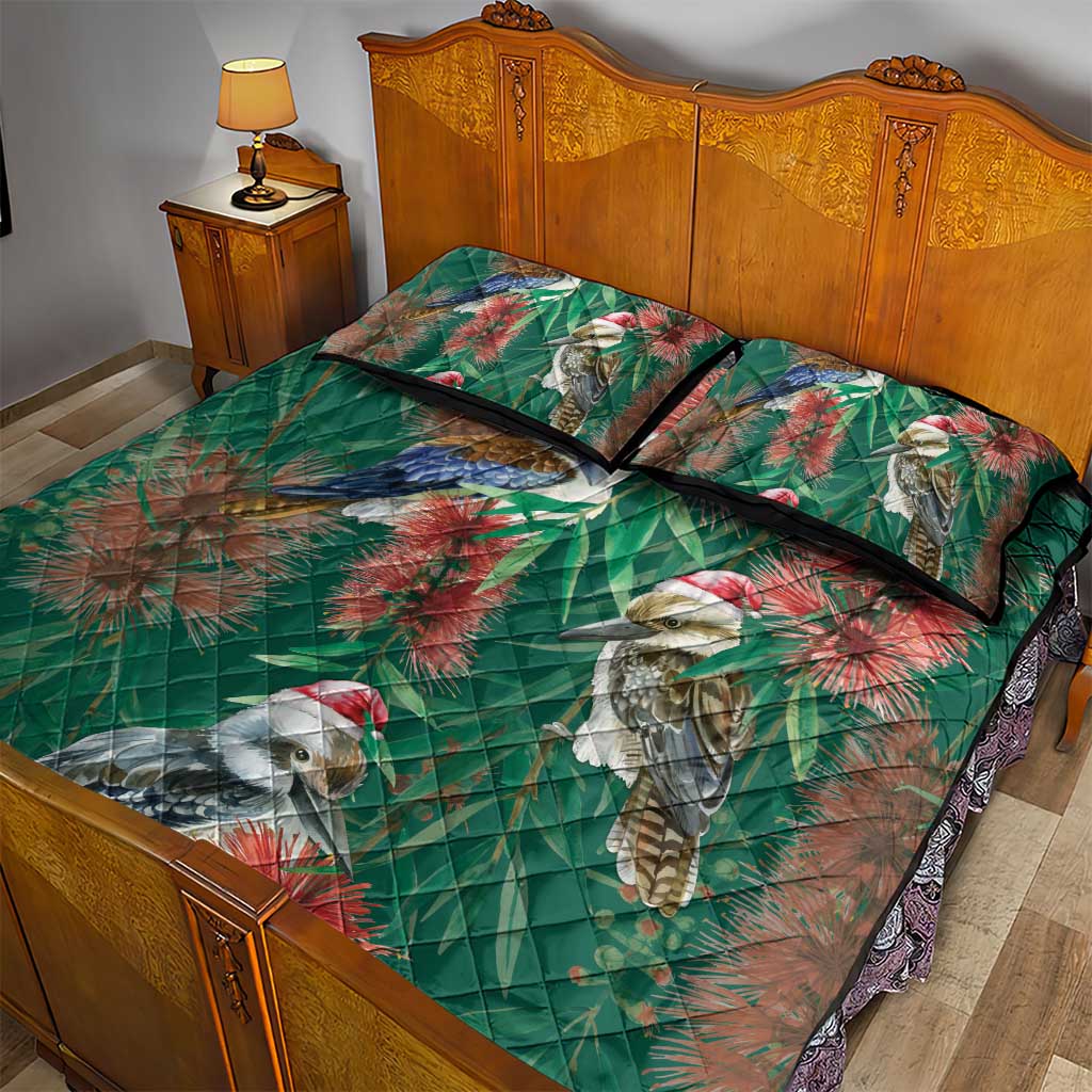 Australia Christmas Quilt Bed Set Kookaburra Santa on Callistemon - Forest Green