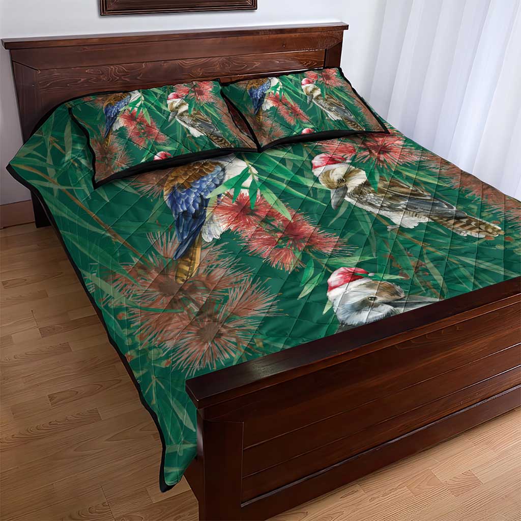 Australia Christmas Quilt Bed Set Kookaburra Santa on Callistemon - Forest Green