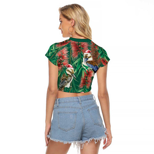 Australia Christmas Raglan Cropped T Shirt Kookaburra Santa on Callistemon - Forest Green