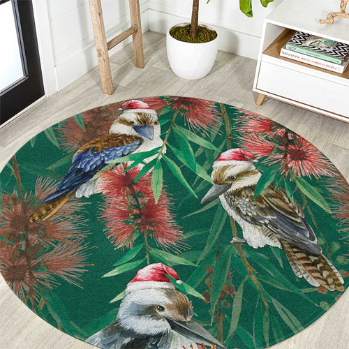Australia Christmas Round Carpet Kookaburra Santa on Callistemon - Forest Green
