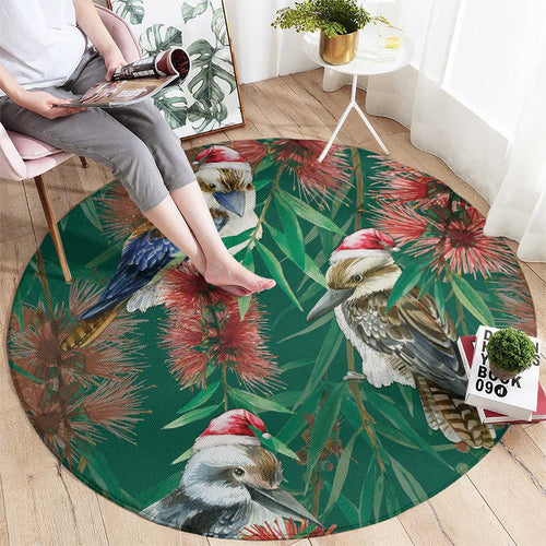 Australia Christmas Round Carpet Kookaburra Santa on Callistemon - Forest Green