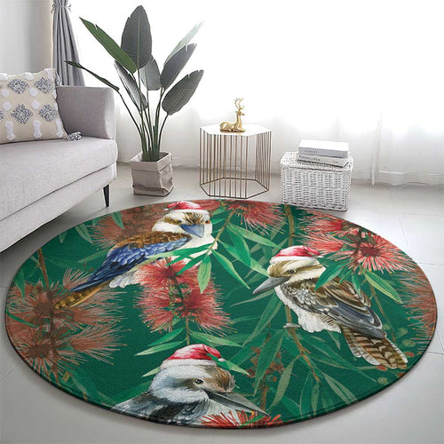Australia Christmas Round Carpet Kookaburra Santa on Callistemon - Forest Green