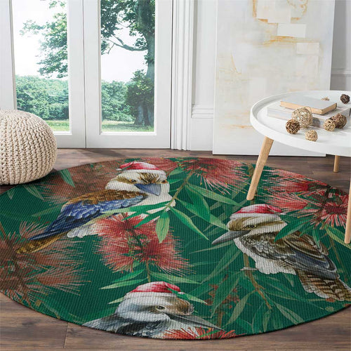 Australia Christmas Round Carpet Kookaburra Santa on Callistemon - Forest Green