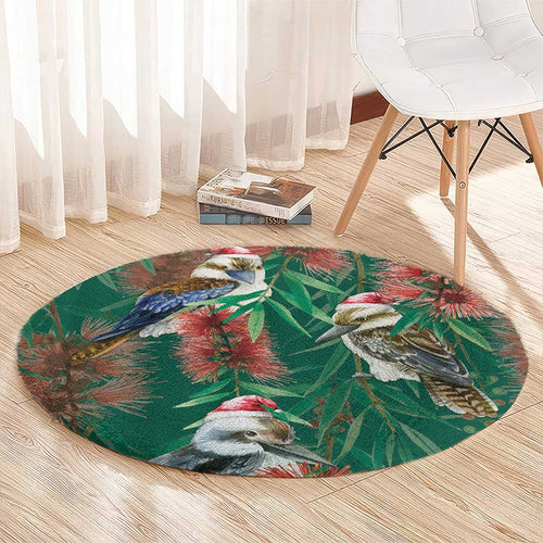 Australia Christmas Round Carpet Kookaburra Santa on Callistemon - Forest Green