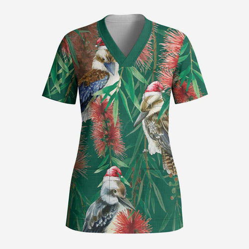 Australia Christmas Scrub Top Kookaburra Santa on Callistemon - Forest Green - Aussie Hoodie