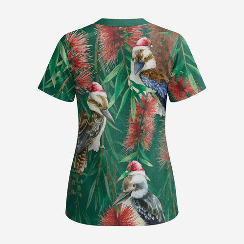 Australia Christmas Scrub Top Kookaburra Santa on Callistemon - Forest Green - Aussie Hoodie