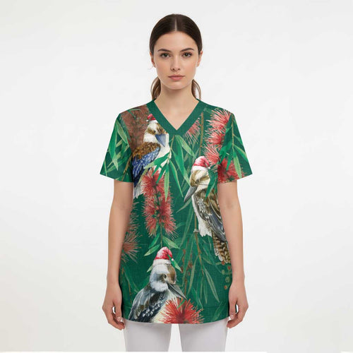 Australia Christmas Scrub Top Kookaburra Santa on Callistemon - Forest Green - Aussie Hoodie