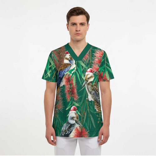 Australia Christmas Scrub Top Kookaburra Santa on Callistemon - Forest Green - Aussie Hoodie