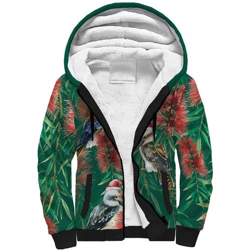Australia Christmas Sherpa Hoodie Kookaburra Santa on Callistemon - Forest Green