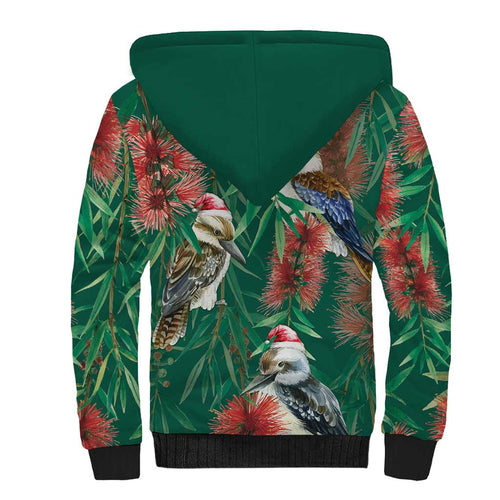 Australia Christmas Sherpa Hoodie Kookaburra Santa on Callistemon - Forest Green