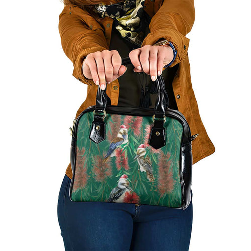 Australia Christmas Shoulder Handbag Kookaburra Santa on Callistemon - Forest Green