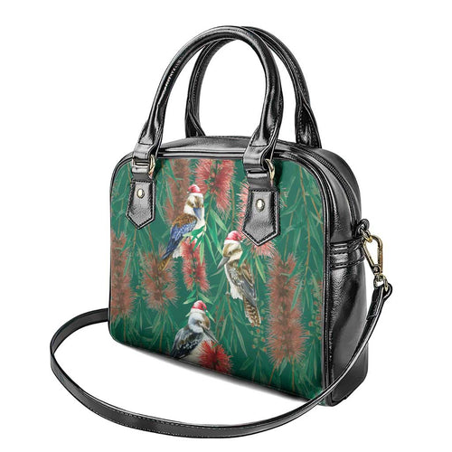 Australia Christmas Shoulder Handbag Kookaburra Santa on Callistemon - Forest Green