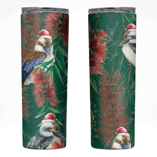 Australia Christmas Skinny Tumbler Kookaburra Santa on Callistemon - Forest Green