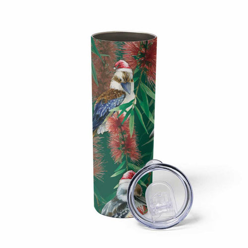 Australia Christmas Skinny Tumbler Kookaburra Santa on Callistemon - Forest Green