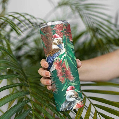 Australia Christmas Skinny Tumbler Kookaburra Santa on Callistemon - Forest Green