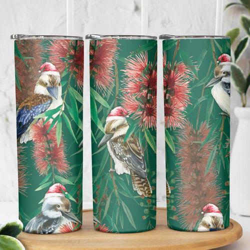 Australia Christmas Skinny Tumbler Kookaburra Santa on Callistemon - Forest Green
