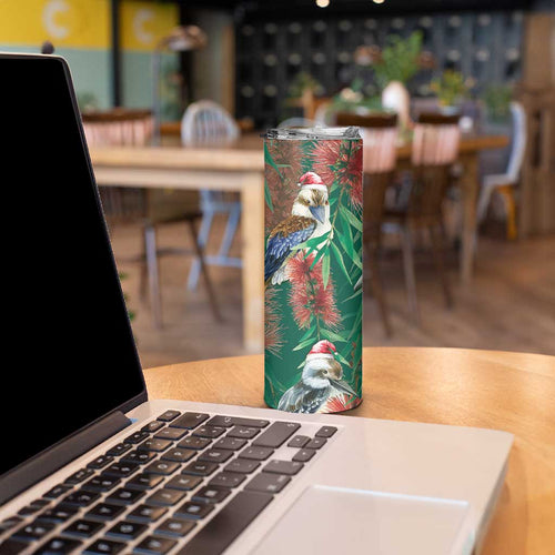 Australia Christmas Skinny Tumbler Kookaburra Santa on Callistemon - Forest Green