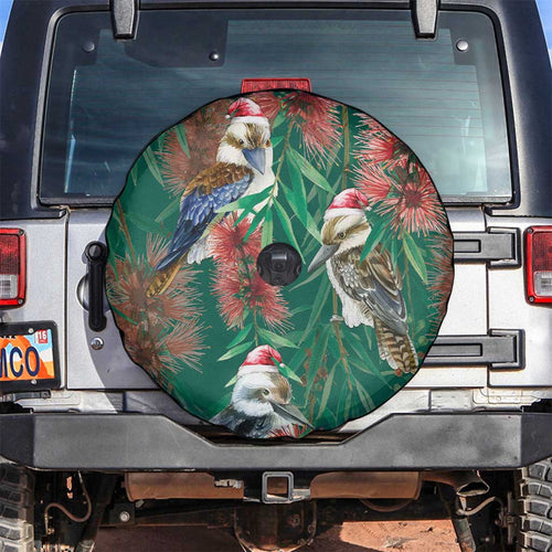 Australia Christmas Spare Tire Cover Kookaburra Santa on Callistemon - Forest Green