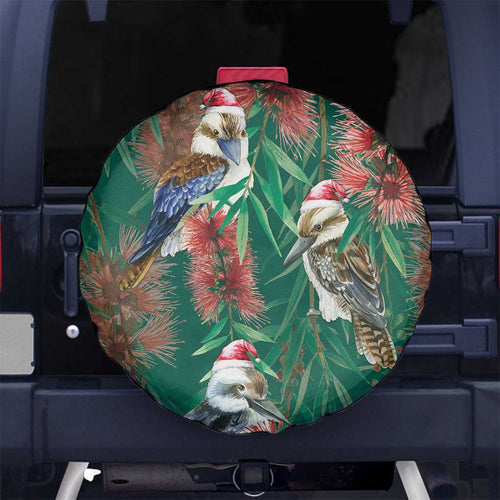 Australia Christmas Spare Tire Cover Kookaburra Santa on Callistemon - Forest Green