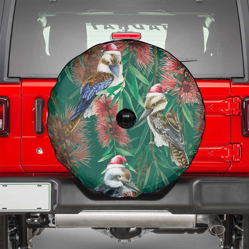 Australia Christmas Spare Tire Cover Kookaburra Santa on Callistemon - Forest Green
